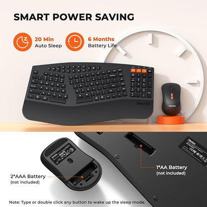 MEETION Ergonomic Keyboard and Mouse, Multi-Device Bluetooth Keyboard and Mouse Wireless, 4 DPI Adjustable Mouse, Full-Sized Split Keyboard, for PC/Computer/Laptop/Tablet/Window/Mac (2025 Upgrade)