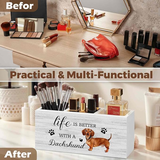 Dachshund Dog Pencil Pen Holder for Desk Organizer, Dachshund Gifts for Women Men, Weiner Dog Gifts Wooden Box Decorations for Home Bedroom Office Desk Tabletop Decor