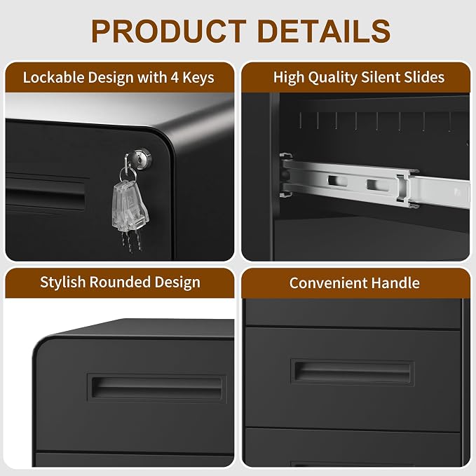 3 Drawers Slim File Cabinet, Mobile Filing Cabinet with Lock, Steel, Fully Assembled Except Casters, for Home Office, for A4, Letter, Legal File Folders, Black