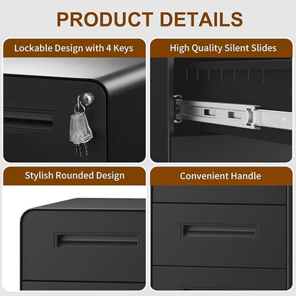 3 Drawers Slim File Cabinet, Mobile Filing Cabinet with Lock, Steel, Fully Assembled Except Casters, for Home Office, for A4, Letter, Legal File Folders, Black