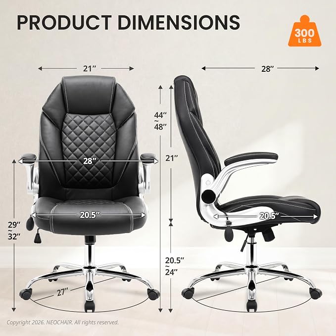 NEO CHAIR Executive Office Chair High Back Ergonomic Computer Desk Chair with Adjustable Lumbar Support Padded FILP-up Arms PU Leather Comfy Task Tilt Swivel for Home (Black)
