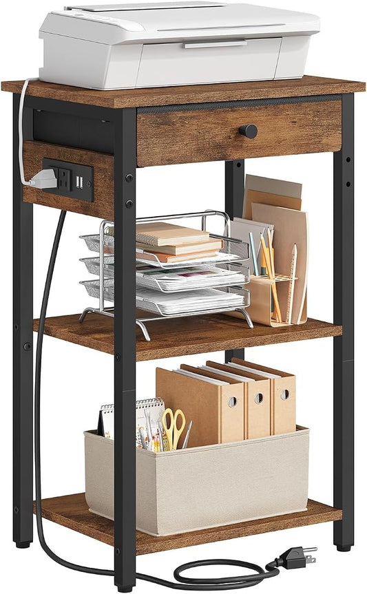 Gewudraw Printer Stand with Charging Station, 3-Tier Under Desk Printer Table, End Table with Storage Shelves for Home Office, Living Room,Bedroom,Bathroom,Brown