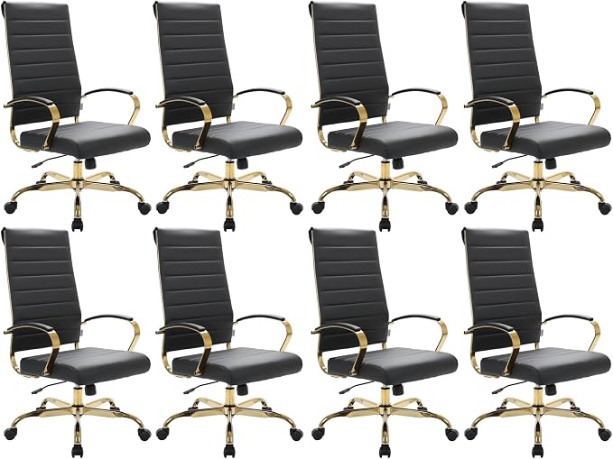 LeisureMod Modern High-Back Leather Office Chair - Swivel & Adjustable Executive Desk Chair with Gold Frame, Ergonomic Design for Home & Office (Black, Set of 8)