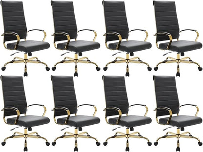LeisureMod Modern High-Back Leather Office Chair - Swivel & Adjustable Executive Desk Chair with Gold Frame, Ergonomic Design for Home & Office (Black, Set of 8)