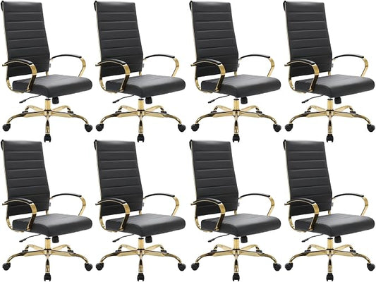 LeisureMod Modern High-Back Leather Office Chair - Swivel & Adjustable Executive Desk Chair with Gold Frame, Ergonomic Design for Home & Office (Black, Set of 8)