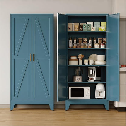 COFaR 71'' Tall Metal Storage Cabinet, Farmhouse Kitchen Pantry Cabinet with Doors and 4 Adjustable Shelves, Metal Pantry Storage Cabinets for Kitchen, Laundry, Peacock Blue 5-Tier