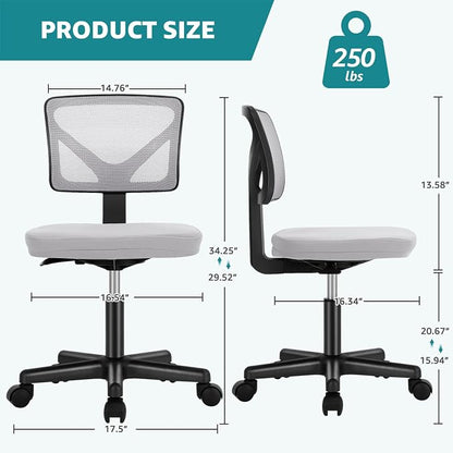 OLIXIS Armless Office Chair, Ergonomic Desk Chair with Wheels, Mesh Back, Removable Washable Foam Cushion, Height Adjustable Rolling Swivel Chairs for Small Space, Home, Office, Grey