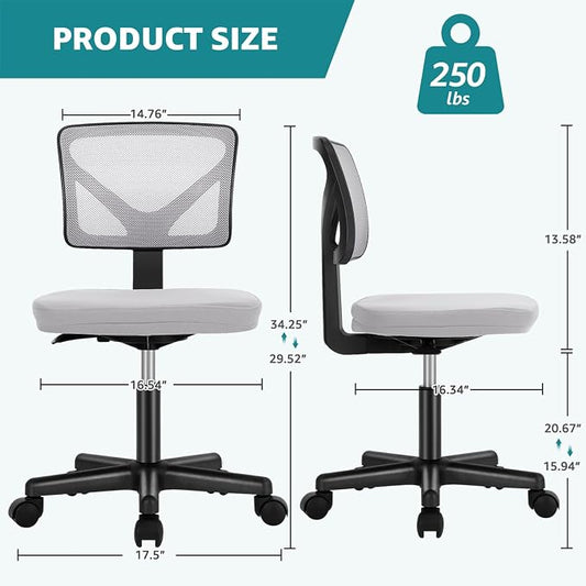 OLIXIS Armless Office Chair, Ergonomic Desk Chair with Wheels, Mesh Back, Removable Washable Foam Cushion, Height Adjustable Rolling Swivel Chairs for Small Space, Home, Office, Grey