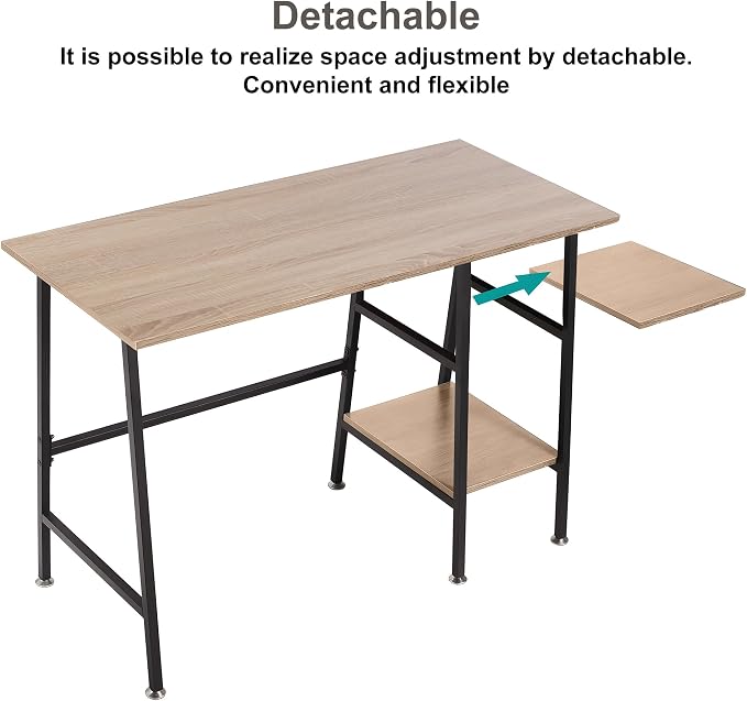 VECELO 43 Inch Computer Home Office Desk, Modern Simple Writing Desk with Storage for Bedroom, Simple Table Modern Student Study Desk,Water Proof, Oak+Black Leg