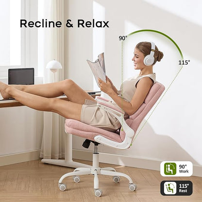 amseatec Office Chair Adjustable Desk Chair Mid Back Executive Comfortable Fabric Ergonomic Back Support Home Computer Chair with Padded Flip-up Armrest Swivel Wheels (Pink)