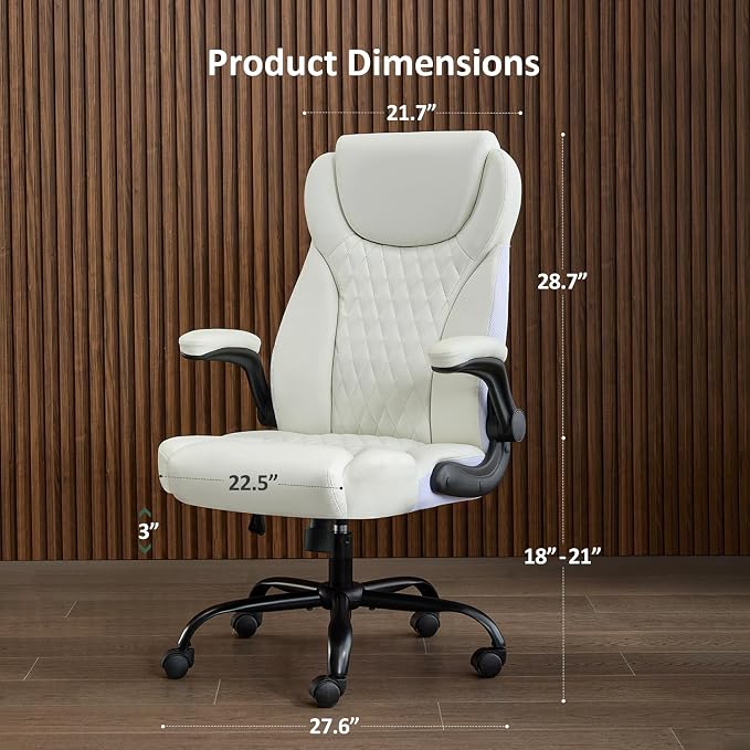 amseatec Office Chair, Executive PU Leather Chair, Ergonomic Computer Desk Chair with Lumbar Support and Adjustable Flip-Up Arms, Rocking Task Chair, White