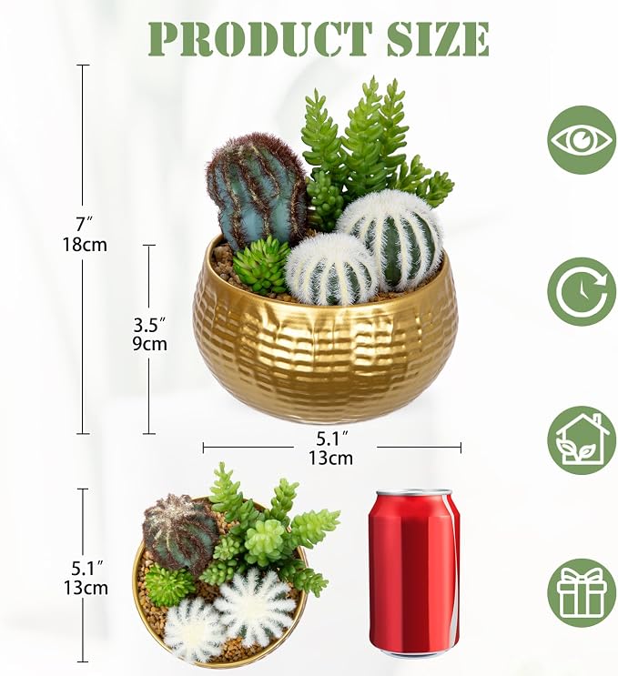 Oairse Artificial Cactus Plants Indoor, 7" Assorted Small Faux Succulent in Pots Fake Potted Desk Plant with Gold Bowl Mini Succulents Artificial Cactus Decor for Home Office Bathroom Table Shelf