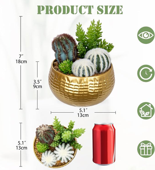 Oairse Artificial Cactus Plants Indoor, 7" Assorted Small Faux Succulent in Pots Fake Potted Desk Plant with Gold Bowl Mini Succulents Artificial Cactus Decor for Home Office Bathroom Table Shelf