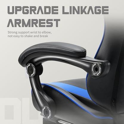 DUMOS Ergonomic Gaming Office Desk Chair with Linkage Armrests for Adults, Height Adjustable Computer Chair with Footrest and Headrest, PU Leather 360° Swivel Recliner with Lumbar Support, Deep Blue