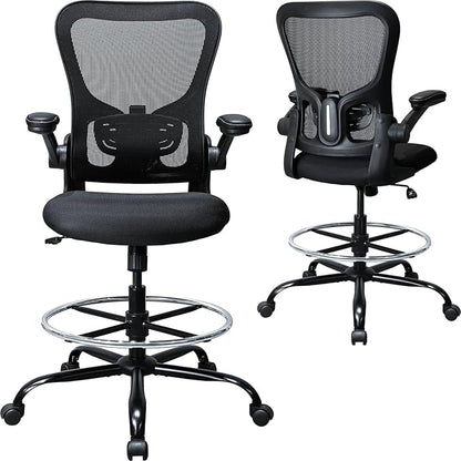 Drafting Chair, Ergonomic Tall Office Chair for Standing Desk, Counter Height Desk Chair with Adjustable Padded Armrests and Footrest Ring Standing Desk Chair Adjustable Height with Lumbar Support