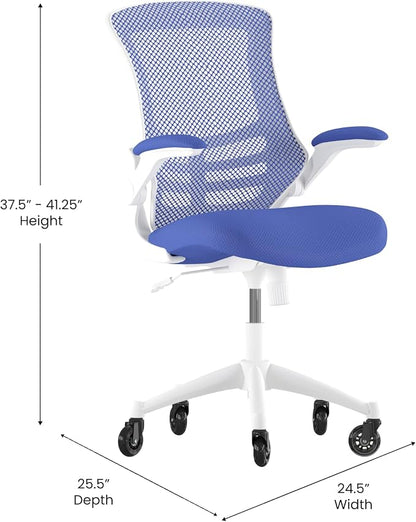 Flash Furniture Kelista Mid-Back Blue Mesh Swivel Ergonomic Task Office Chair with White Frame, Flip-Up Arms, and Transparent Roller Wheels