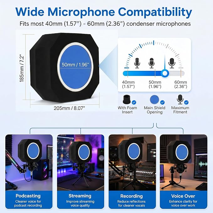 Professional Microphone Isolation Shield with Pop Filter,Reflection Filter for Recording Studios, Sound-absorbing Foam for Noise and Reflection Reduction for Recording,Singing,Podcasts,live stream