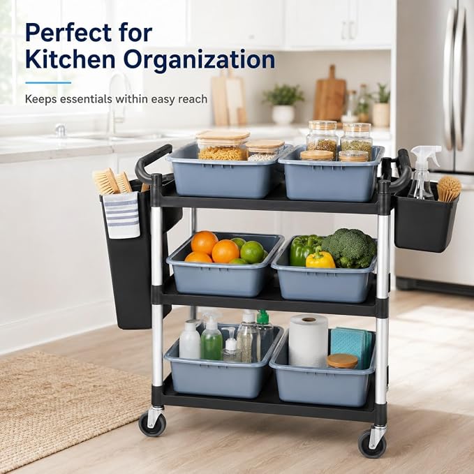 Storage Cart 3 Tier Heavy Duty Commercial Grade Utility Cart,Dish Cart for Restaurant,Multi-Function Mobile Shelving Unit Organizer for Hotel,Restaurant,Kitchen,Laundry Room with 6 Basin 2 Barrels