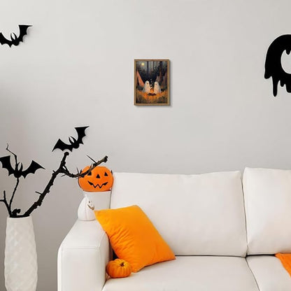 Framed Vintage Halloween Wall Art, Camping Ghosts Cozy Fireplace Canvas Prints, Gothic Whimsigoth Decor Cute Spooky Poster, Farmhouse Halloween Wall Decor, Ready to Hang 8x10in Wood Frame