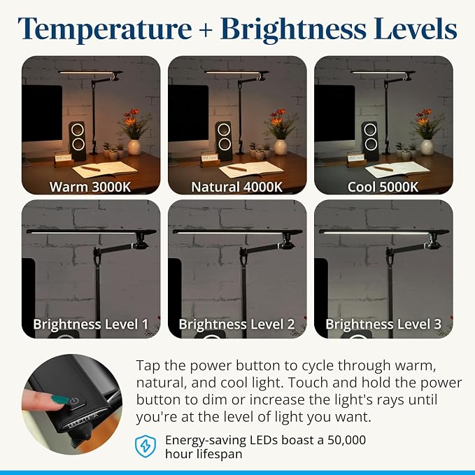 UPLIFTDESK E7 LED Desk Lamp – Adjustable 3 Color Modes, Dimmable Home Office Desk Light for Standing Desk, Dual Monitors, Aluminum Task Lamp (Silver Lamp, Silver Base)