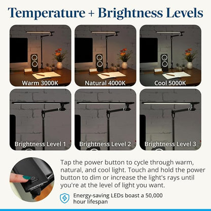 UPLIFTDESK E7 LED Desk Lamp – Adjustable 3 Color Modes, Dimmable Home Office Desk Light for Standing Desk, Dual Monitors, Aluminum Task Lamp (Silver Lamp, Silver Base)