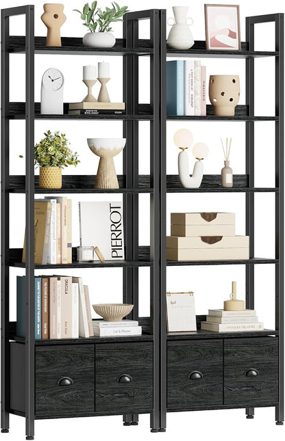 Furologee 6-Tier Bookshelf Set of 2, Tall Bookcase with 2 Drawers and Shelves, Industrial Display Free Standing Shelf Units, Storage Rack Organizer for Bedroom, Living Room, Home Office, Black Oak