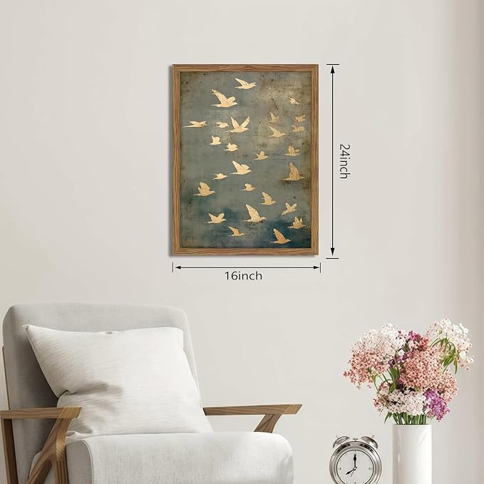 Framed Flock of Birds Canvas Wall Art, Vintage Minimalist Abstract Landscape Painting, Neutral Gold Birds Spiritual Wall Decor, Modern Aesthetic Pictures for Bedroom Living Room 16x24 inch