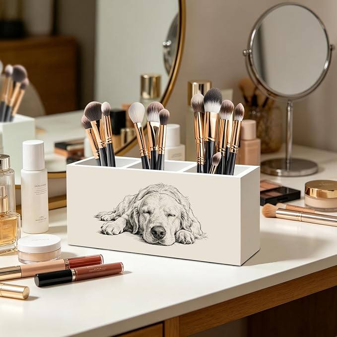 Golden Retriever Dog Pen Pencil Holder Organizer for Desk, Gifts for Golden Retriever Lovers, Dog Lovers Mom Dad Gifts Wood Signs Makeup Brush Toothbrush Holder for Bathroom Vanity