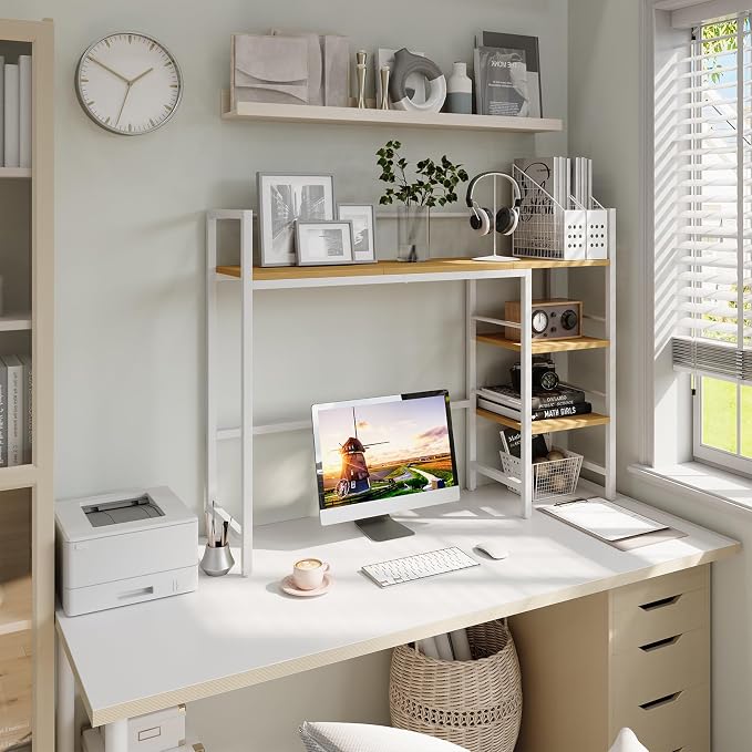 HavenlyYouth Desk Shelf, 38.6 Inch Wood Desk Organizer Shelf for Computer Monitor, Desk Hutch Storage, Desktop Shelf for Top of Desk, 3 Tier Desktop Bookshelf for Home Office Dorm, White