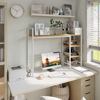 HavenlyYouth Desk Shelf, 38.6 Inch Wood Desk Organizer Shelf for Computer Monitor, Desk Hutch Storage, Desktop Shelf for Top of Desk, 3 Tier Desktop Bookshelf for Home Office Dorm, White
