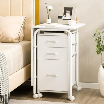 Tangkula White Folding Desk with 3 Drawers, Mobile Home Office Desk Study Writing Desk with Smooth Wheels, Space Saving Compact Table for Dorm Apartment, Rolling Couch Desk Table