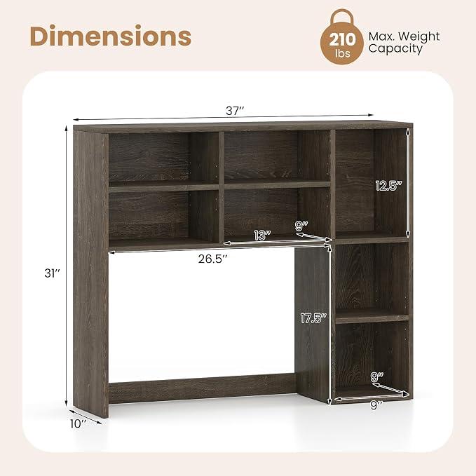 LDAILY Desktop Bookshelf, 37’’ Wood Desk Shelf with 7 Cubes & 3 Adjustable Shelves, 3-Tier Desk Display Rack, Desk Hutch for Dorm College Office Computer Monitor Up to 27’’ (Grey Oak, 7 Shelves)