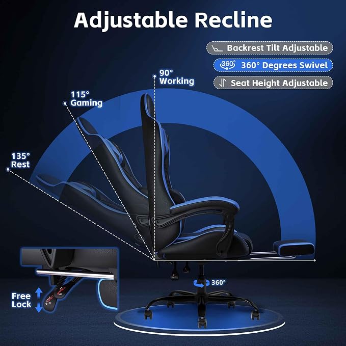 Gaming Chair, Ergonomic Computer Chair with Footrest and Lumbar Support, Height Adjustable Video Game Chair with 360° Swivel Seat and Headrest for Office, Home, Streaming and Gaming (Blue)