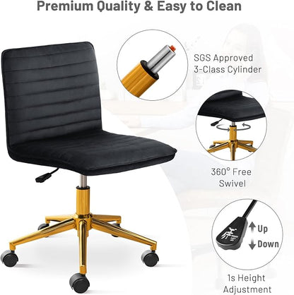 Furniliving Home Office Desk Chair, Armless Desk Chair with Wheels Soft Velvet Adjustable Height, Comfy Computer Rolling Chairs with Gold Metal Base Stool,Black