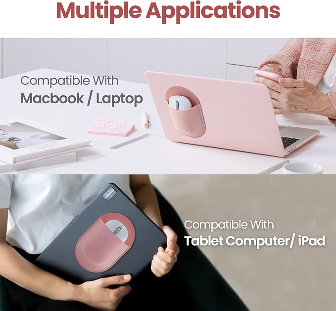 Epessa Stick-On Mouse Pouch, Universal Holder for Wireless Mice, Reusable Adhesive, No Glue Residue, Compatible with iPad or MacBook (Pink)