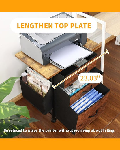 KATHY&BOB Printer Stand with 3 Fabric Drawer, Mobile File Cabinet for Home Office with Storage Bag, Rolling Under Desk Organizer Shelf, Fits A4 or Letter Size, Complete Top Plate Fast Assembly
