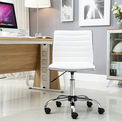 BTEXPERT Set of 2,Swivel Leather Soft Upholstery Office Mid Back Armless Ribbed Designer Task Chair, White (5029W-2)