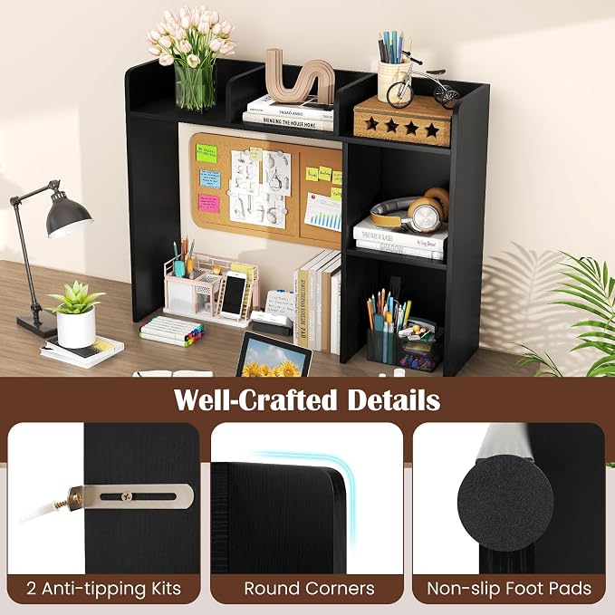 LDAILY Desktop Shelf, Multipurpose Wood Desk Hutch for Max 27" Computer Monitor, Countertop Storage Hutch with 5 Shelves, 3 Tier Desktop Display Rack for Dorm Office Home(Black)