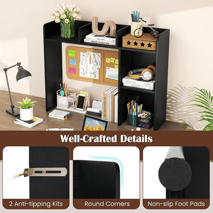 LDAILY Desktop Shelf, Multipurpose Wood Desk Hutch for Max 27" Computer Monitor, Countertop Storage Hutch with 5 Shelves, 3 Tier Desktop Display Rack for Dorm Office Home(Black)