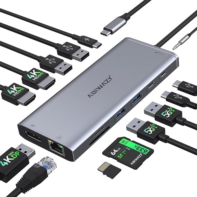 USB C Docking Station 3 Monitors USBC Hub Laptop Dual Monitor Multiport Adapter Dock Dongle,USBC to 2 HDMI,4K DisplayPort,PD Charging,Ethernet,7 USB-C/A Ports,SD/TF,Audio for Dell/HP/Lenovo