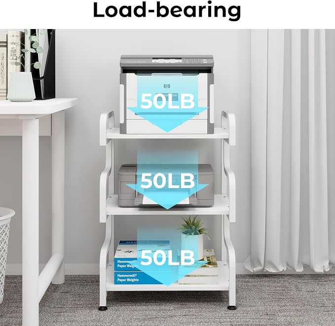 Natwind 3-Tier Printer Stand with Wheels Movable Storage Cart Floor-Standing Multi-Purpose Shelf Rack for Media Player Scanner Files Books Microwave Oven in Kitchen Living Room Home Office (White)