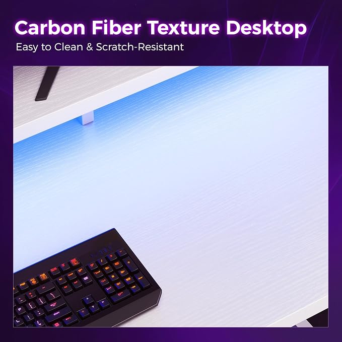 AODK 48 Inch Gaming Desk with LED Lights, Computer Desk with Storage Shelves, Reversible Desk with Monitor Stand, White