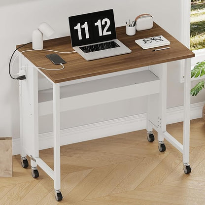 CHOEZON Folding Desk with Power Outlets, 31.5" Rolling Computer Table with Wheels, Portable Office Desk with Storage Shelf for Small Spaces Rustic Brown and White TDN01UWL