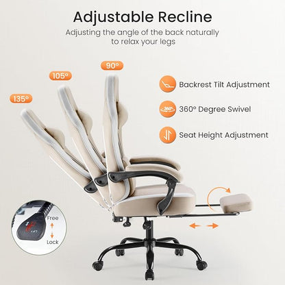 DUMOS Gaming Chair with Linkage Armrests, Video Game Chairs with Pocket Spring Cushion, Ergonomic Computer Silla Gamer Office Desk Chair with Footrest for Adults & Students, Light Brown