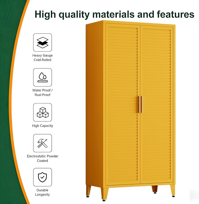 61" Tall Metal Pantry Cabinet with Lock and 3 Adjustable Shelves,Freestanding Heavy Duty Steel Storage Locker,Yellow Metal Cabinets for Kitchen,Living Room,Home 61" H X 27.6" W X 13.8" D