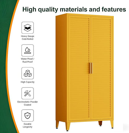 61" Tall Metal Pantry Cabinet with Lock and 3 Adjustable Shelves,Freestanding Heavy Duty Steel Storage Locker,Yellow Metal Cabinets for Kitchen,Living Room,Home 61" H X 27.6" W X 13.8" D