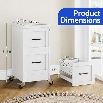 Small Metal 2-Drawer File Cabinet, Under Desk Office Cabinet, White | Rolling, Locking, Adjustable Hanging Rail, Fit A4, FC, Letter, Hanging File Folders for Home Office Storage Organization, 2PS