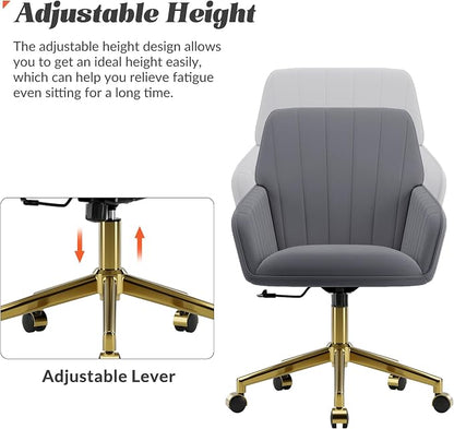 YISHENG Velvet Office Desk Chair with Gold Base, with Wheels,Modern Height Adjustable 360 Degree Swivel Upholstered Vanity Chairs with Arms for Living Room Bedroom，Gray