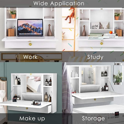 GRAFFY Wall Mounted Table, Multifunctional Folding Hanging Storage Cabinet, Space Saving Computer Desk w/Storage Drawer and Shelves, Wall Mount Laptop Desk for Home Office (White)