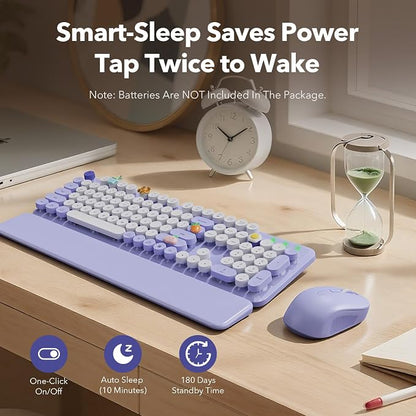 Wireless Keyboard and Mouse Combo, Full-Size Retro Typewriter Keyboard with Round Keycaps, Detachable Magnetic Wrist Rest, Tilt Legs, 2.4GHz Cordless for Mac, Windows PC, Laptop, SABLUTE CK23, Purple